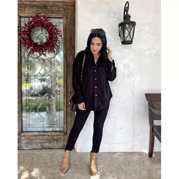 imageBTFBM Womens Corduroy Button Down Shirt Jackets Casual Rolled Long Sleeve Shacket Oversized Blouses Tops with PocketSolid Black