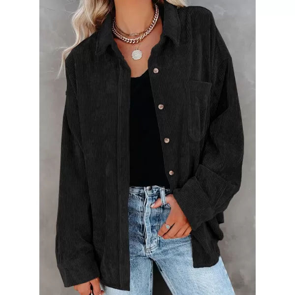 imageBTFBM Womens Corduroy Button Down Shirt Jackets Casual Rolled Long Sleeve Shacket Oversized Blouses Tops with PocketSolid Black