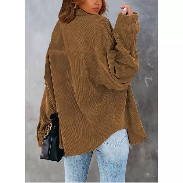 imageBTFBM Womens Corduroy Button Down Shirt Jackets Casual Rolled Long Sleeve Shacket Oversized Blouses Tops with PocketSolid Brown