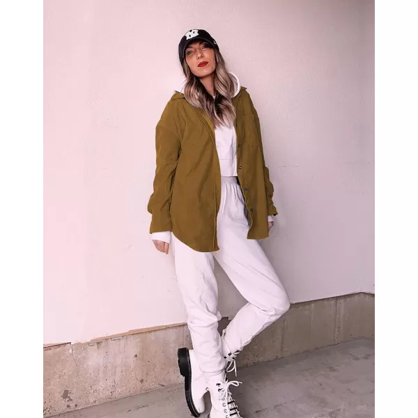 imageBTFBM Womens Corduroy Button Down Shirt Jackets Casual Rolled Long Sleeve Shacket Oversized Blouses Tops with PocketSolid Brown