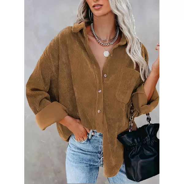 imageBTFBM Womens Corduroy Button Down Shirt Jackets Casual Rolled Long Sleeve Shacket Oversized Blouses Tops with PocketSolid Brown