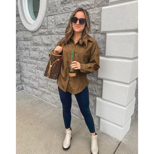 imageBTFBM Womens Corduroy Button Down Shirt Jackets Casual Rolled Long Sleeve Shacket Oversized Blouses Tops with PocketSolid Brown