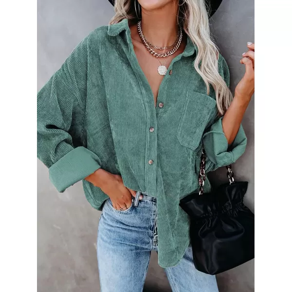 imageBTFBM Womens Corduroy Button Down Shirt Jackets Casual Rolled Long Sleeve Shacket Oversized Blouses Tops with PocketSolid Green