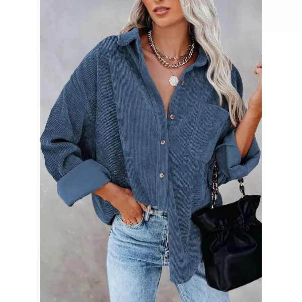 imageBTFBM Womens Corduroy Button Down Shirt Jackets Casual Rolled Long Sleeve Shacket Oversized Blouses Tops with PocketSolid Light Blue