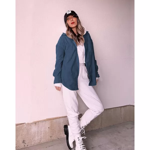 imageBTFBM Womens Corduroy Button Down Shirt Jackets Casual Rolled Long Sleeve Shacket Oversized Blouses Tops with PocketSolid Light Blue
