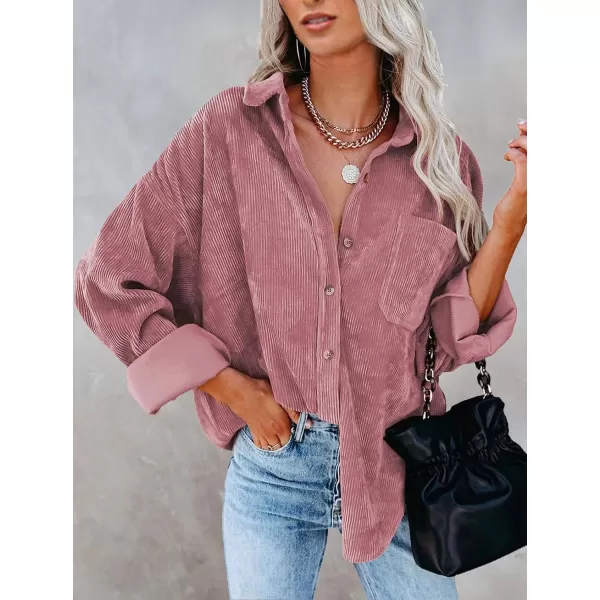 imageBTFBM Womens Corduroy Button Down Shirt Jackets Casual Rolled Long Sleeve Shacket Oversized Blouses Tops with PocketSolid Pink