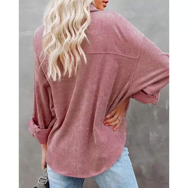 imageBTFBM Womens Corduroy Button Down Shirt Jackets Casual Rolled Long Sleeve Shacket Oversized Blouses Tops with PocketSolid Pink