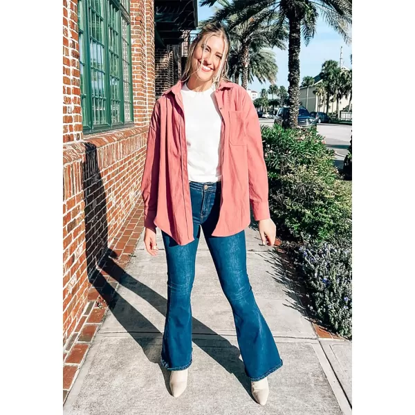 imageBTFBM Womens Corduroy Button Down Shirt Jackets Casual Rolled Long Sleeve Shacket Oversized Blouses Tops with PocketSolid Pink