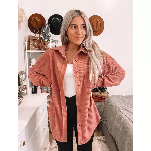imageBTFBM Womens Corduroy Button Down Shirt Jackets Casual Rolled Long Sleeve Shacket Oversized Blouses Tops with PocketSolid Pink