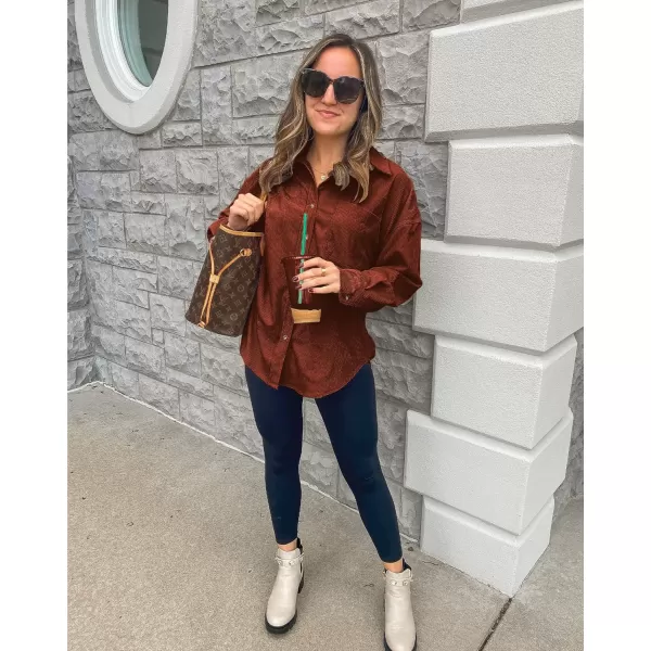 imageBTFBM Womens Corduroy Button Down Shirt Jackets Casual Rolled Long Sleeve Shacket Oversized Blouses Tops with PocketSolid Red Brown