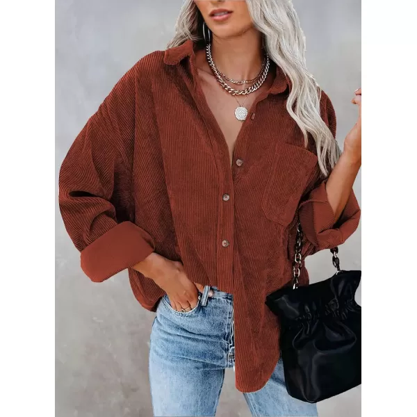 imageBTFBM Womens Corduroy Button Down Shirt Jackets Casual Rolled Long Sleeve Shacket Oversized Blouses Tops with PocketSolid Red Brown