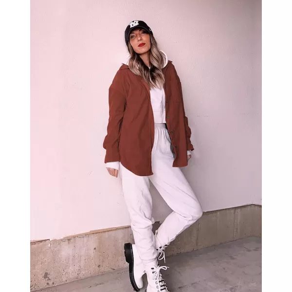 imageBTFBM Womens Corduroy Button Down Shirt Jackets Casual Rolled Long Sleeve Shacket Oversized Blouses Tops with PocketSolid Red Brown