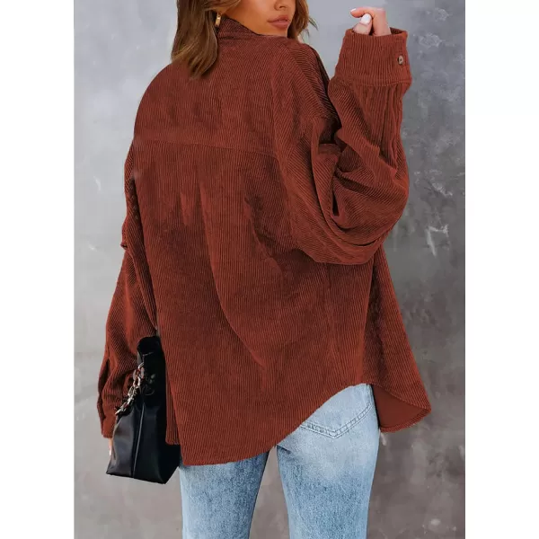 imageBTFBM Womens Corduroy Button Down Shirt Jackets Casual Rolled Long Sleeve Shacket Oversized Blouses Tops with PocketSolid Red Brown