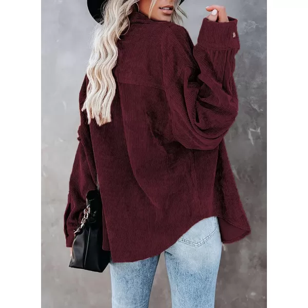 imageBTFBM Womens Corduroy Button Down Shirt Jackets Casual Rolled Long Sleeve Shacket Oversized Blouses Tops with PocketSolid Wine Red