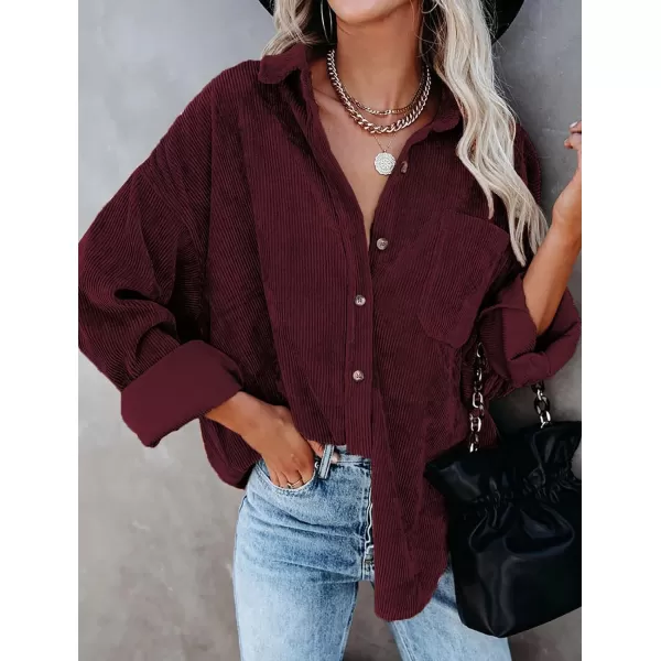 imageBTFBM Womens Corduroy Button Down Shirt Jackets Casual Rolled Long Sleeve Shacket Oversized Blouses Tops with PocketSolid Wine Red
