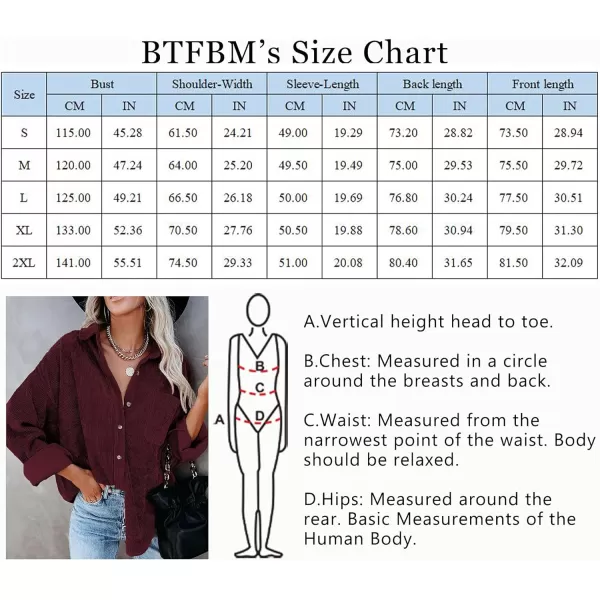 imageBTFBM Womens Corduroy Button Down Shirt Jackets Casual Rolled Long Sleeve Shacket Oversized Blouses Tops with PocketSolid Wine Red