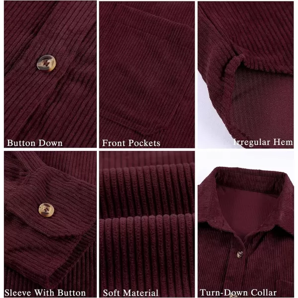 imageBTFBM Womens Corduroy Button Down Shirt Jackets Casual Rolled Long Sleeve Shacket Oversized Blouses Tops with PocketSolid Wine Red
