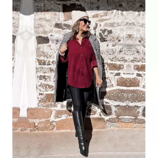 imageBTFBM Womens Corduroy Button Down Shirt Jackets Casual Rolled Long Sleeve Shacket Oversized Blouses Tops with PocketSolid Wine Red