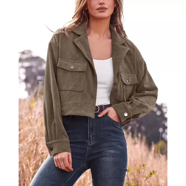 imageBTFBM Womens Corduroy Cropped Jacket 2023 Winter Fall Lapel Button Down Casual Short Shacket Jackets Coats with PocketsSolid Army Green