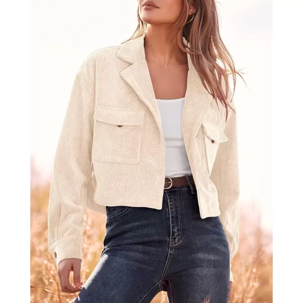 imageBTFBM Womens Corduroy Cropped Jacket 2023 Winter Fall Lapel Button Down Casual Short Shacket Jackets Coats with PocketsSolid Beige