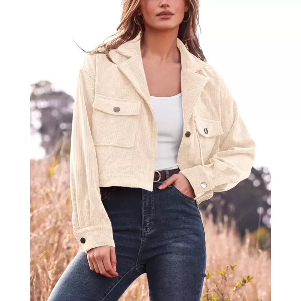 imageBTFBM Womens Corduroy Cropped Jacket 2023 Winter Fall Lapel Button Down Casual Short Shacket Jackets Coats with PocketsSolid Beige
