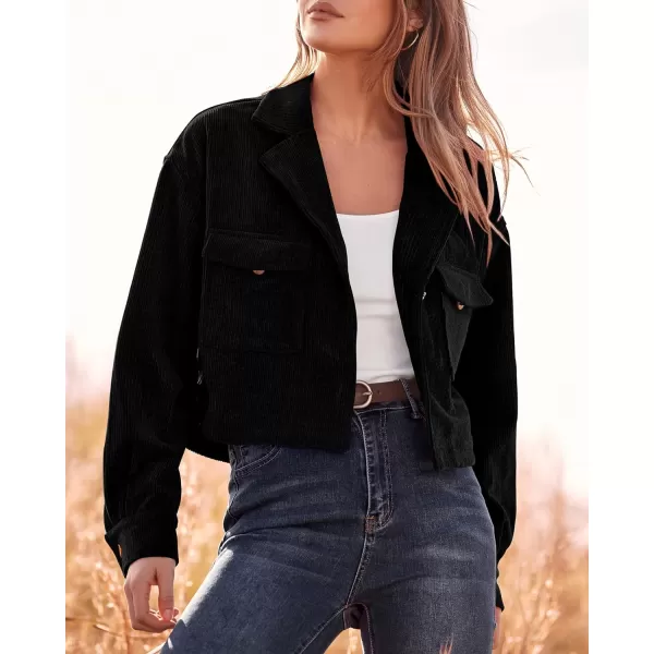 imageBTFBM Womens Corduroy Cropped Jacket 2023 Winter Fall Lapel Button Down Casual Short Shacket Jackets Coats with PocketsSolid Black