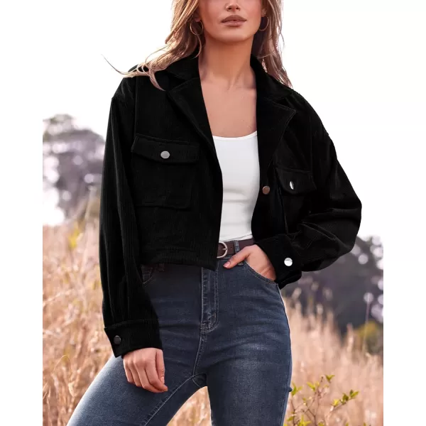 imageBTFBM Womens Corduroy Cropped Jacket 2023 Winter Fall Lapel Button Down Casual Short Shacket Jackets Coats with PocketsSolid Black