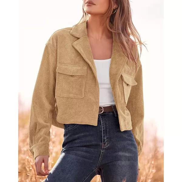 imageBTFBM Womens Corduroy Cropped Jacket 2023 Winter Fall Lapel Button Down Casual Short Shacket Jackets Coats with PocketsSolid Camel