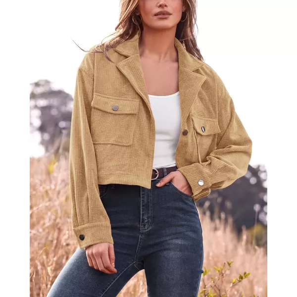 imageBTFBM Womens Corduroy Cropped Jacket 2023 Winter Fall Lapel Button Down Casual Short Shacket Jackets Coats with PocketsSolid Camel