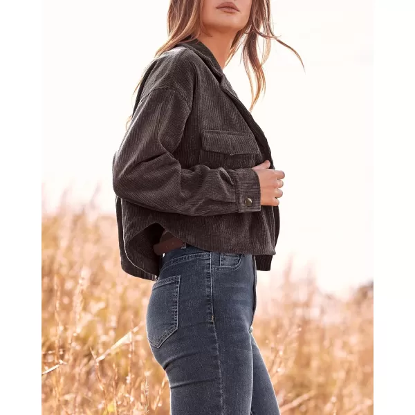 imageBTFBM Womens Corduroy Cropped Jacket 2023 Winter Fall Lapel Button Down Casual Short Shacket Jackets Coats with PocketsSolid Dark Brown