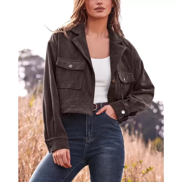 imageBTFBM Womens Corduroy Cropped Jacket 2023 Winter Fall Lapel Button Down Casual Short Shacket Jackets Coats with PocketsSolid Dark Brown