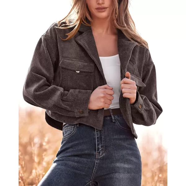 imageBTFBM Womens Corduroy Cropped Jacket 2023 Winter Fall Lapel Button Down Casual Short Shacket Jackets Coats with PocketsSolid Dark Brown