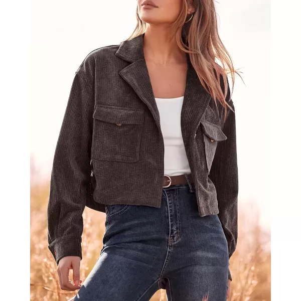 imageBTFBM Womens Corduroy Cropped Jacket 2023 Winter Fall Lapel Button Down Casual Short Shacket Jackets Coats with PocketsSolid Dark Brown