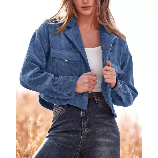 imageBTFBM Womens Corduroy Cropped Jacket 2023 Winter Fall Lapel Button Down Casual Short Shacket Jackets Coats with PocketsSolid Haze Blue