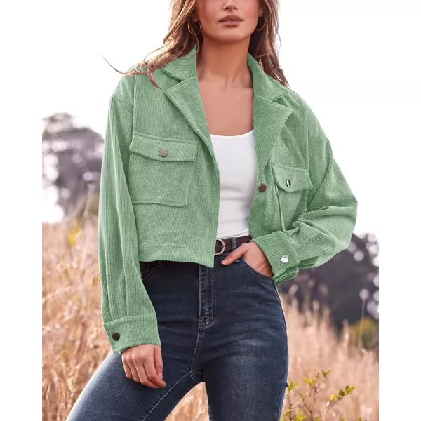 imageBTFBM Womens Corduroy Cropped Jacket 2023 Winter Fall Lapel Button Down Casual Short Shacket Jackets Coats with PocketsSolid Light Green