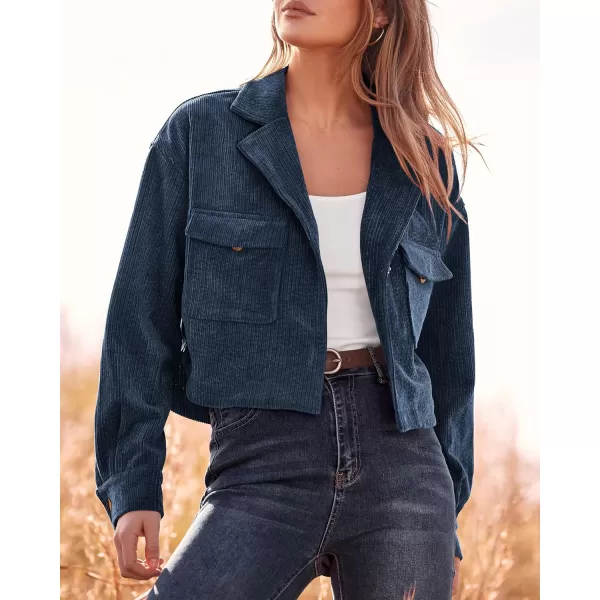 imageBTFBM Womens Corduroy Cropped Jacket 2023 Winter Fall Lapel Button Down Casual Short Shacket Jackets Coats with PocketsSolid Navy