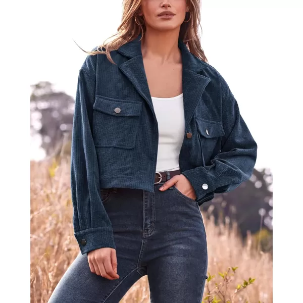imageBTFBM Womens Corduroy Cropped Jacket 2023 Winter Fall Lapel Button Down Casual Short Shacket Jackets Coats with PocketsSolid Navy