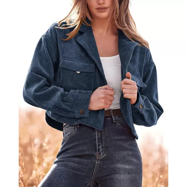 imageBTFBM Womens Corduroy Cropped Jacket 2023 Winter Fall Lapel Button Down Casual Short Shacket Jackets Coats with PocketsSolid Navy