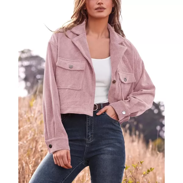 imageBTFBM Womens Corduroy Cropped Jacket 2023 Winter Fall Lapel Button Down Casual Short Shacket Jackets Coats with PocketsSolid Pink