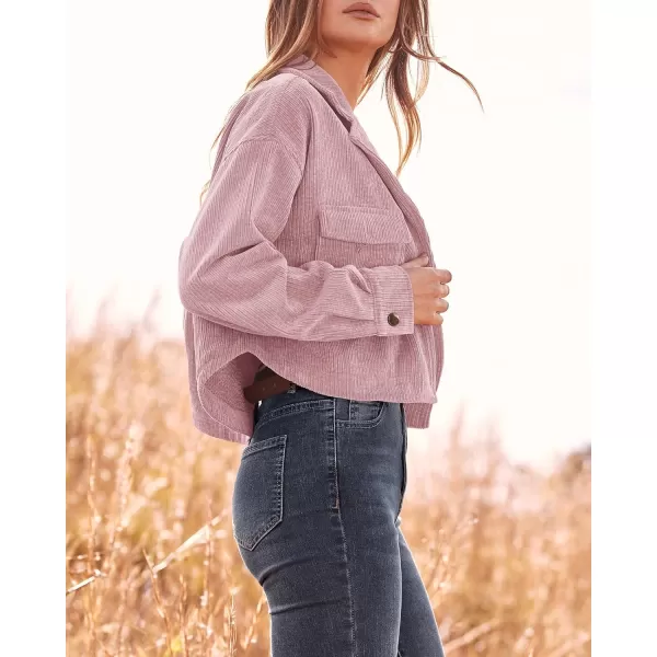 imageBTFBM Womens Corduroy Cropped Jacket 2023 Winter Fall Lapel Button Down Casual Short Shacket Jackets Coats with PocketsSolid Pink