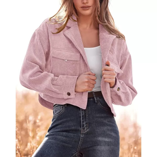 imageBTFBM Womens Corduroy Cropped Jacket 2023 Winter Fall Lapel Button Down Casual Short Shacket Jackets Coats with PocketsSolid Pink