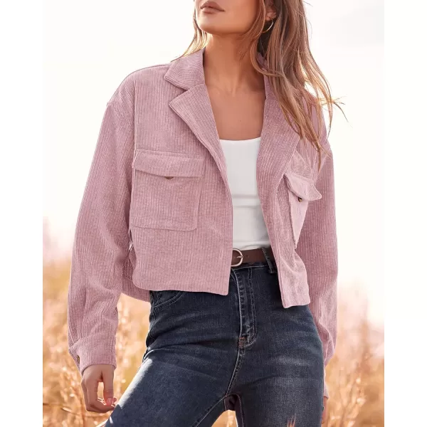 imageBTFBM Womens Corduroy Cropped Jacket 2023 Winter Fall Lapel Button Down Casual Short Shacket Jackets Coats with PocketsSolid Pink