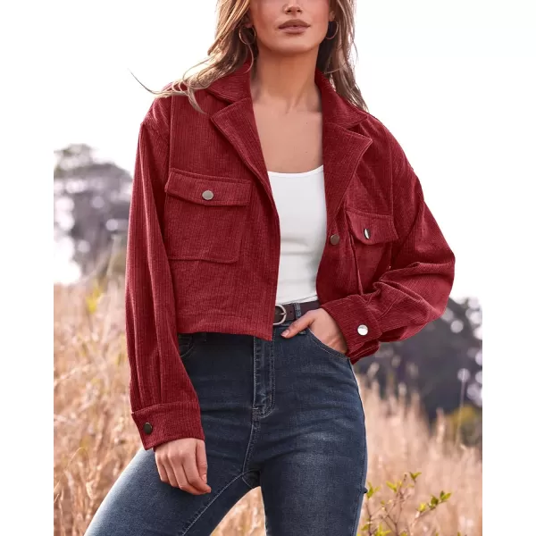 imageBTFBM Womens Corduroy Cropped Jacket 2023 Winter Fall Lapel Button Down Casual Short Shacket Jackets Coats with PocketsSolid Red