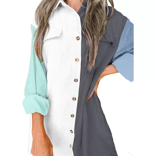 imageBTFBM Womens Corduroy Shacket Jacket Shirts Lapel Long Sleeve Oversized 2023 Fall Winter Button Down Shirt Dress PocketColorblock Blue