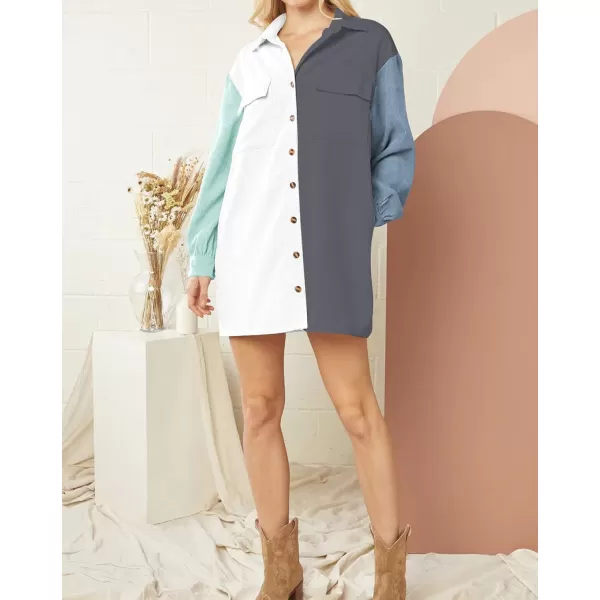 imageBTFBM Womens Corduroy Shacket Jacket Shirts Lapel Long Sleeve Oversized 2023 Fall Winter Button Down Shirt Dress PocketColorblock Blue