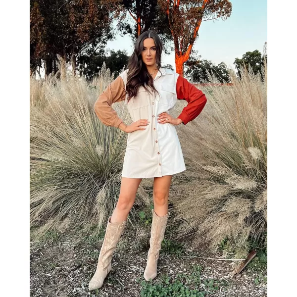 imageBTFBM Womens Corduroy Shacket Jacket Shirts Lapel Long Sleeve Oversized 2023 Fall Winter Button Down Shirt Dress PocketColorblock Brown