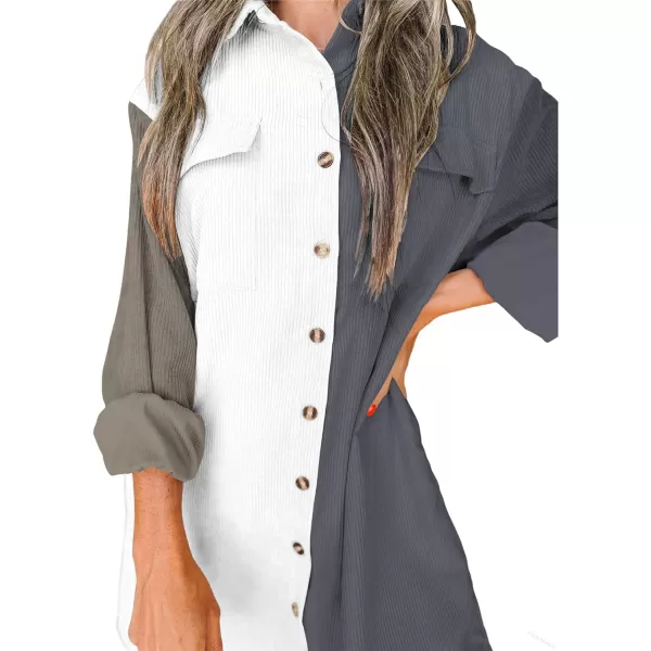 imageBTFBM Womens Corduroy Shacket Jacket Shirts Lapel Long Sleeve Oversized 2023 Fall Winter Button Down Shirt Dress PocketColorblock Grey