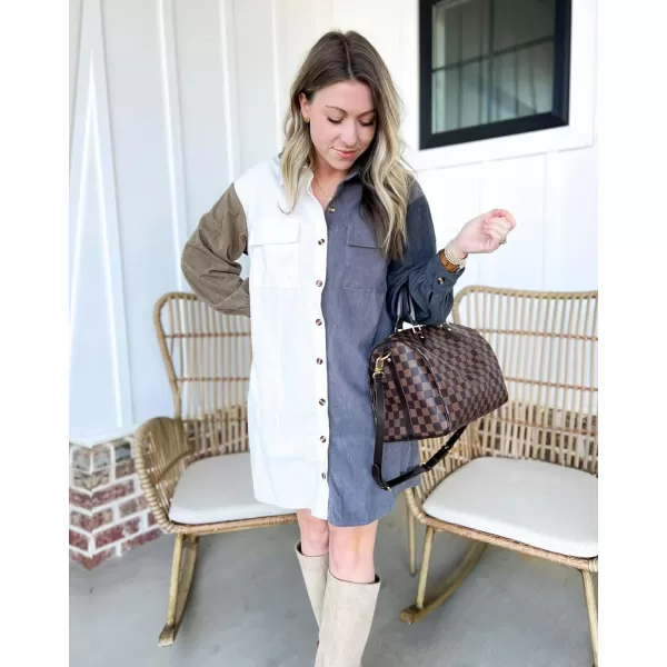 imageBTFBM Womens Corduroy Shacket Jacket Shirts Lapel Long Sleeve Oversized 2023 Fall Winter Button Down Shirt Dress PocketColorblock Grey