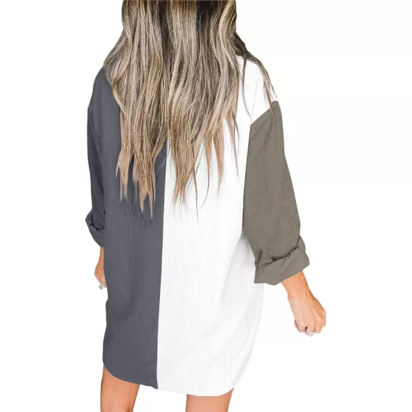 imageBTFBM Womens Corduroy Shacket Jacket Shirts Lapel Long Sleeve Oversized 2023 Fall Winter Button Down Shirt Dress PocketColorblock Grey
