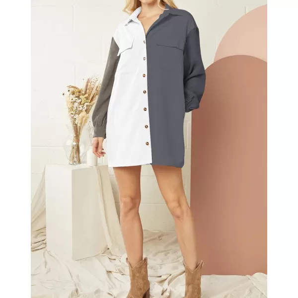 imageBTFBM Womens Corduroy Shacket Jacket Shirts Lapel Long Sleeve Oversized 2023 Fall Winter Button Down Shirt Dress PocketColorblock Grey